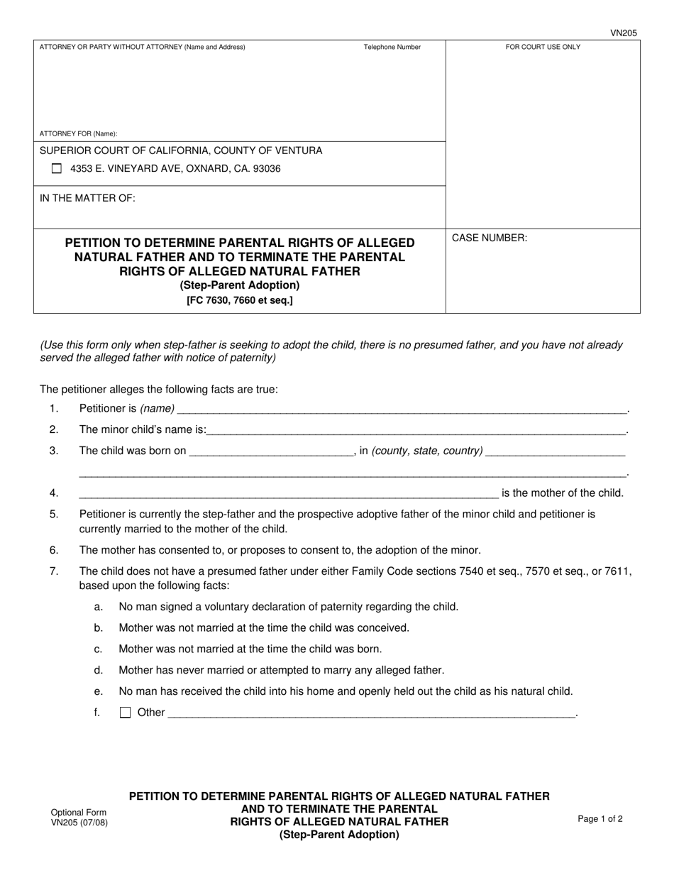 Form VN205 Petition to Determine Parental Rights of Alleged Natural Father and to Terminate the Parental Rights of Alleged Natural Father (Step-Parent Adoption) - County of Ventura, California, Page 1