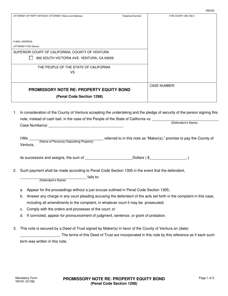 Form VN191 Promissory Note Re: Property Equity Bond - County of Ventura, California, Page 1