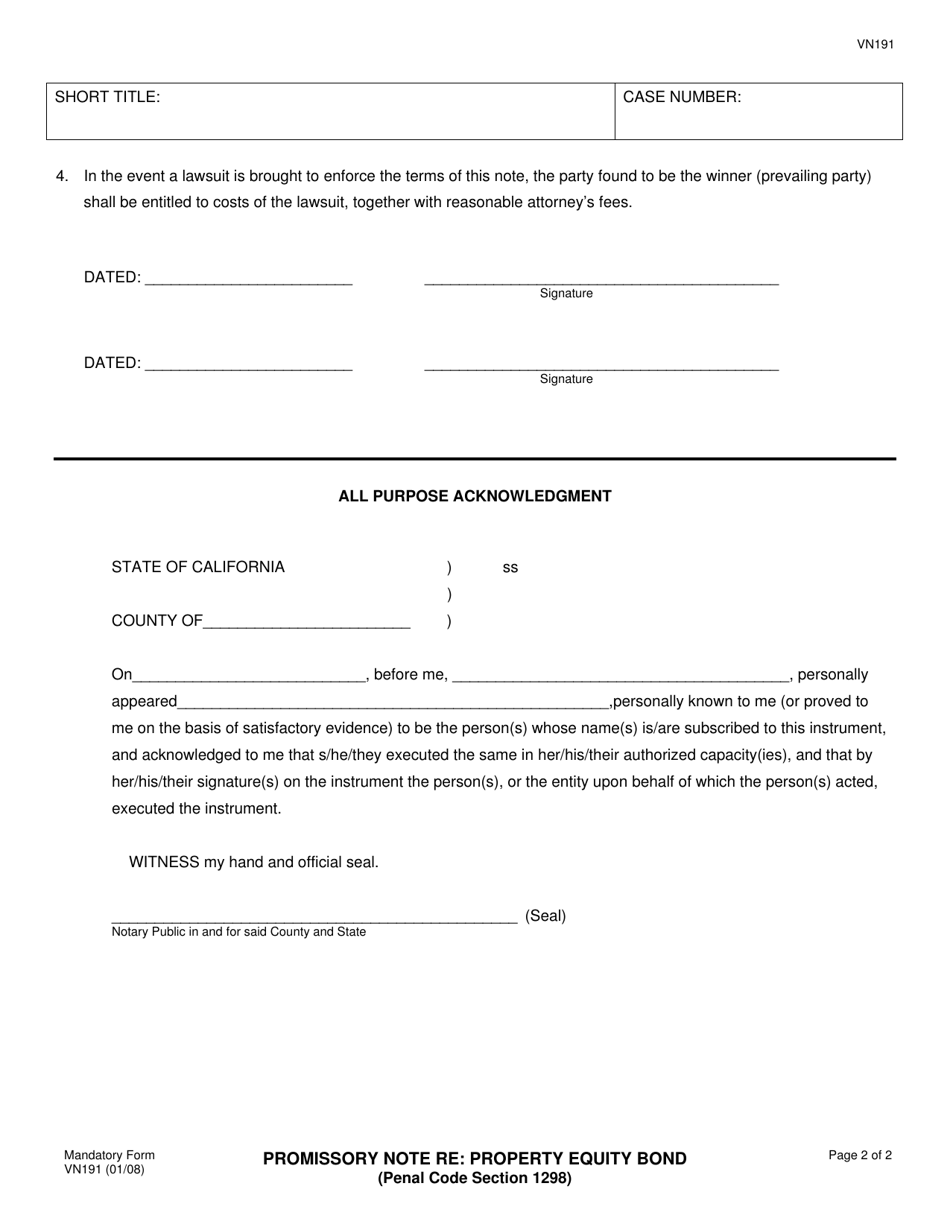 Form VN191 Promissory Note Re: Property Equity Bond - County of Ventura, California, Page 2