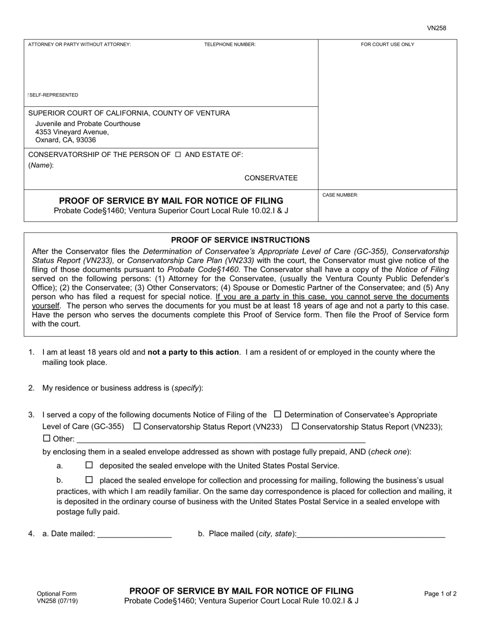 Form VN258 Proof of Service by Mail for Notice of Filing - County of Ventura, California, Page 1
