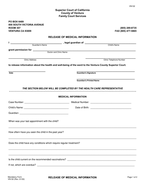 Form VN132 Release of Medical Information - County of Ventura, California