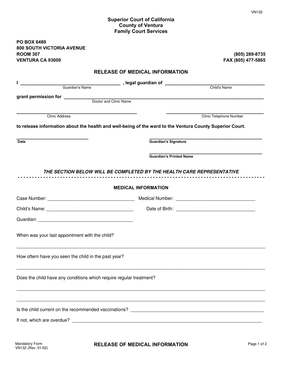 Form VN132 Release of Medical Information - County of Ventura, California, Page 1
