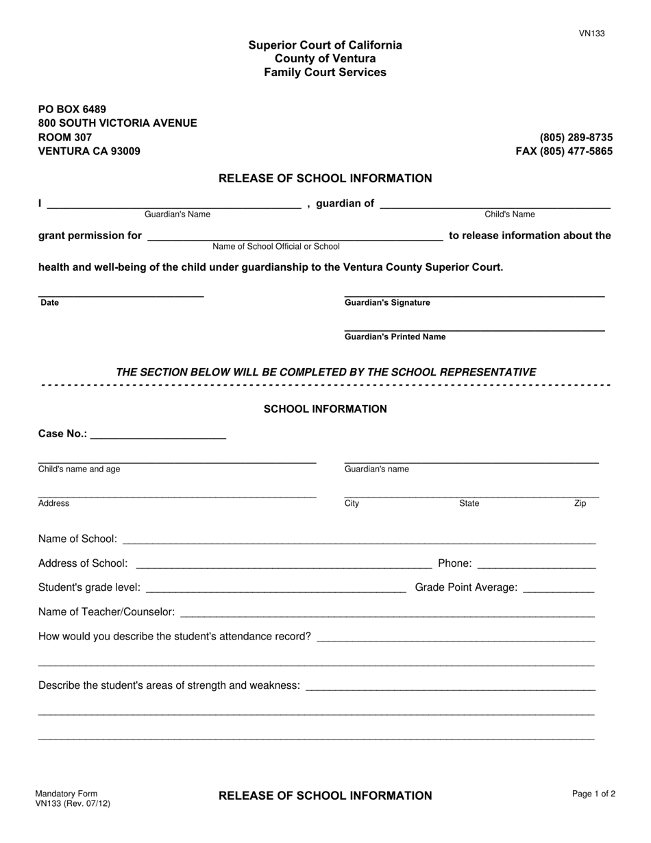 Form VN133 Release of School Information - County of Ventura, California, Page 1