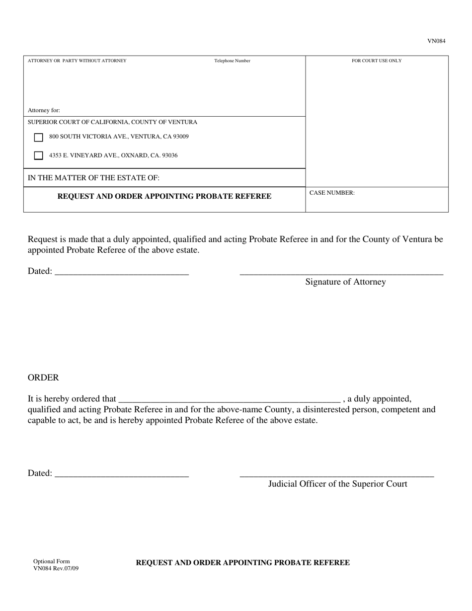 Form VN084 Request and Order Appointing Probate Referee - County of Ventura, California, Page 1