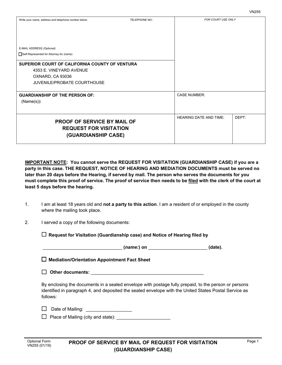 Form VN255 Proof of Service by Mail of Request for Visitation (Guardianship Case) - County of Ventura, California, Page 1