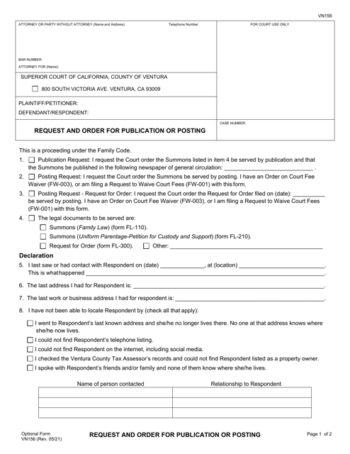 Form VN156 Request and Order for Publication or Posting - County of Ventura, California