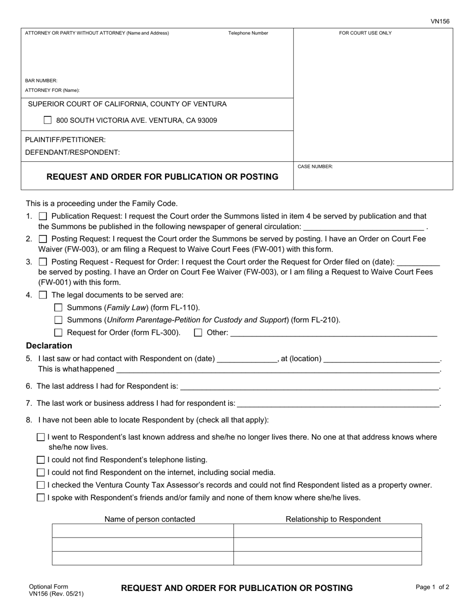 Form VN156 Request and Order for Publication or Posting - County of Ventura, California, Page 1
