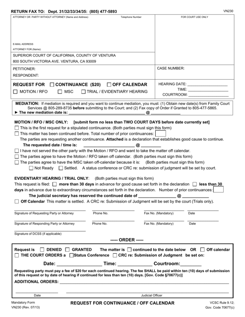 Form VN230 Request for Continuance/Off Calendar - County of Ventura, California