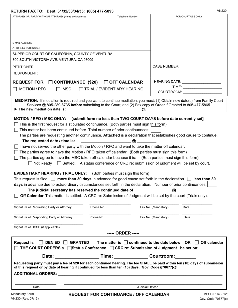 Form VN230 Request for Continuance / Off Calendar - County of Ventura, California, Page 1