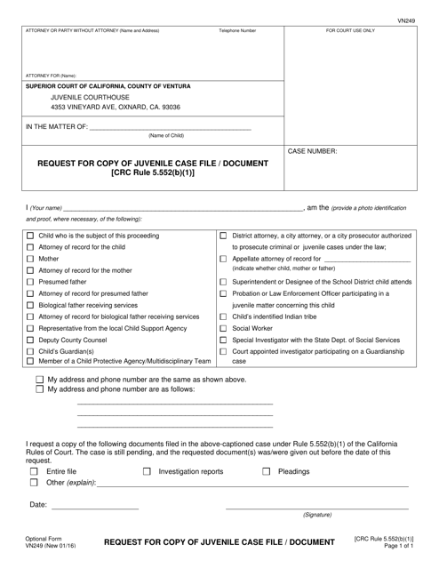 Form VN249 Request for Copy of Juvenile Case File/Document - County of Ventura, California