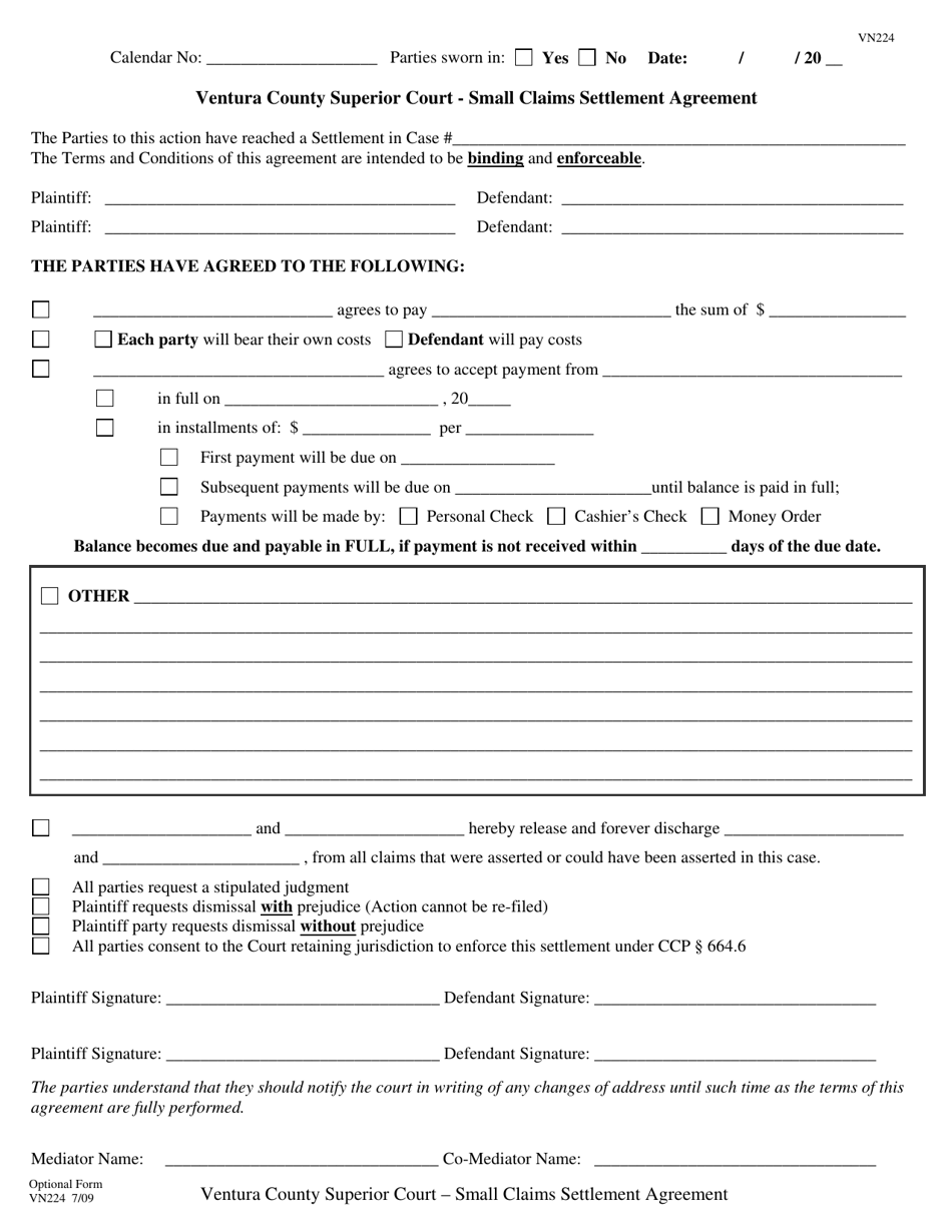 Form VN224 Small Claims Settlement Agreement - County of Ventura, California, Page 1