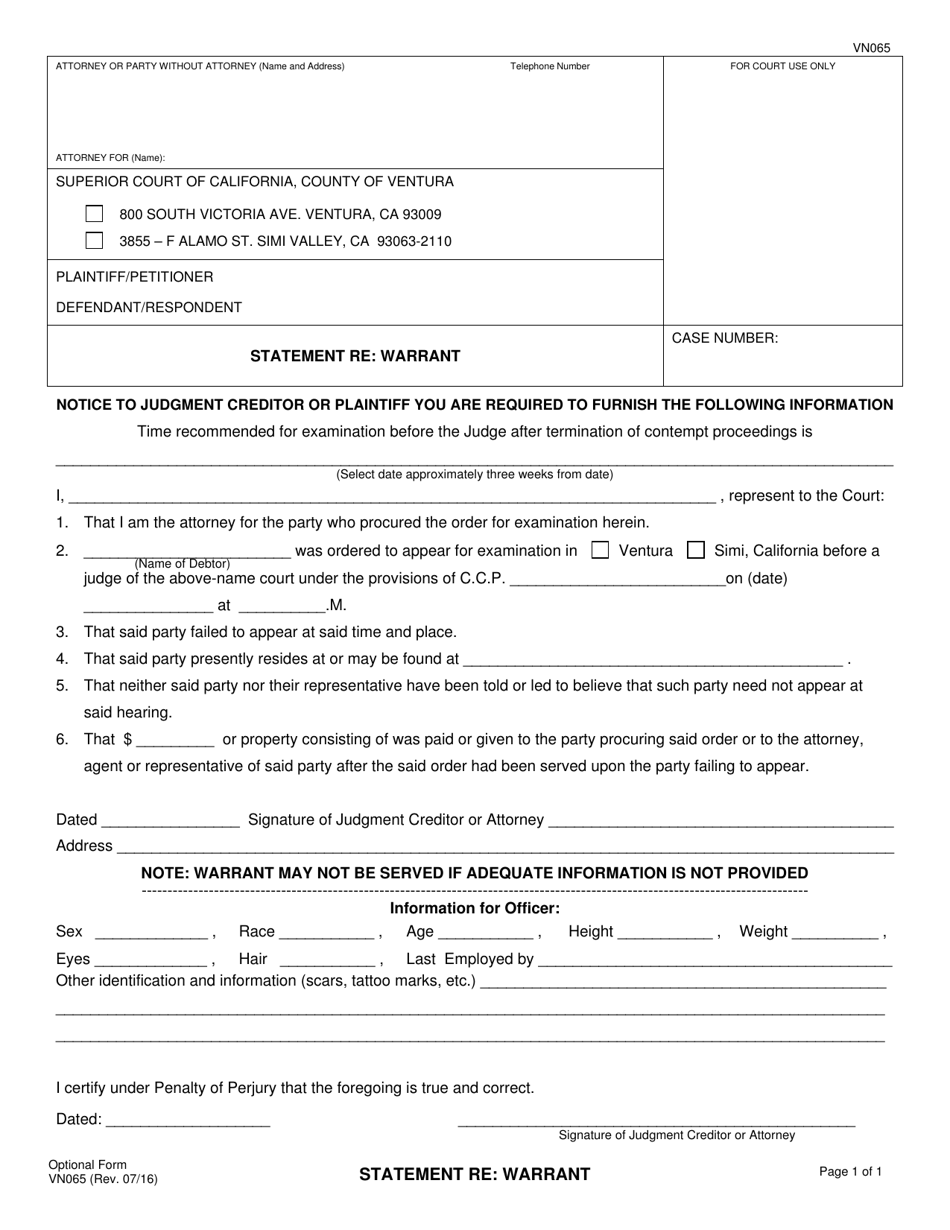 Form VN065 Statement Re: Warrant - County of Ventura, California, Page 1