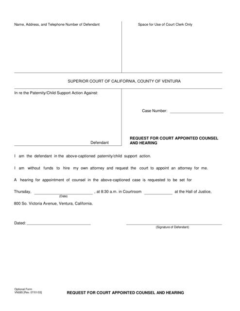 Form VN085 Request for Court Appointed Counsel and Hearing - County of Ventura, California