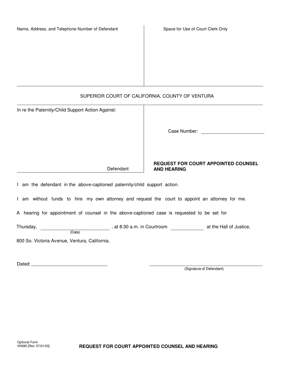 Form VN085 Request for Court Appointed Counsel and Hearing - County of Ventura, California, Page 1
