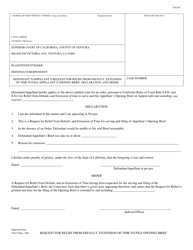 Document preview: Form VN179 Defendant's/Appellant's Request for Relief From Default, Extension of Time to File Appellant's Opening Brief; Declaration and Order - County of Ventura, California