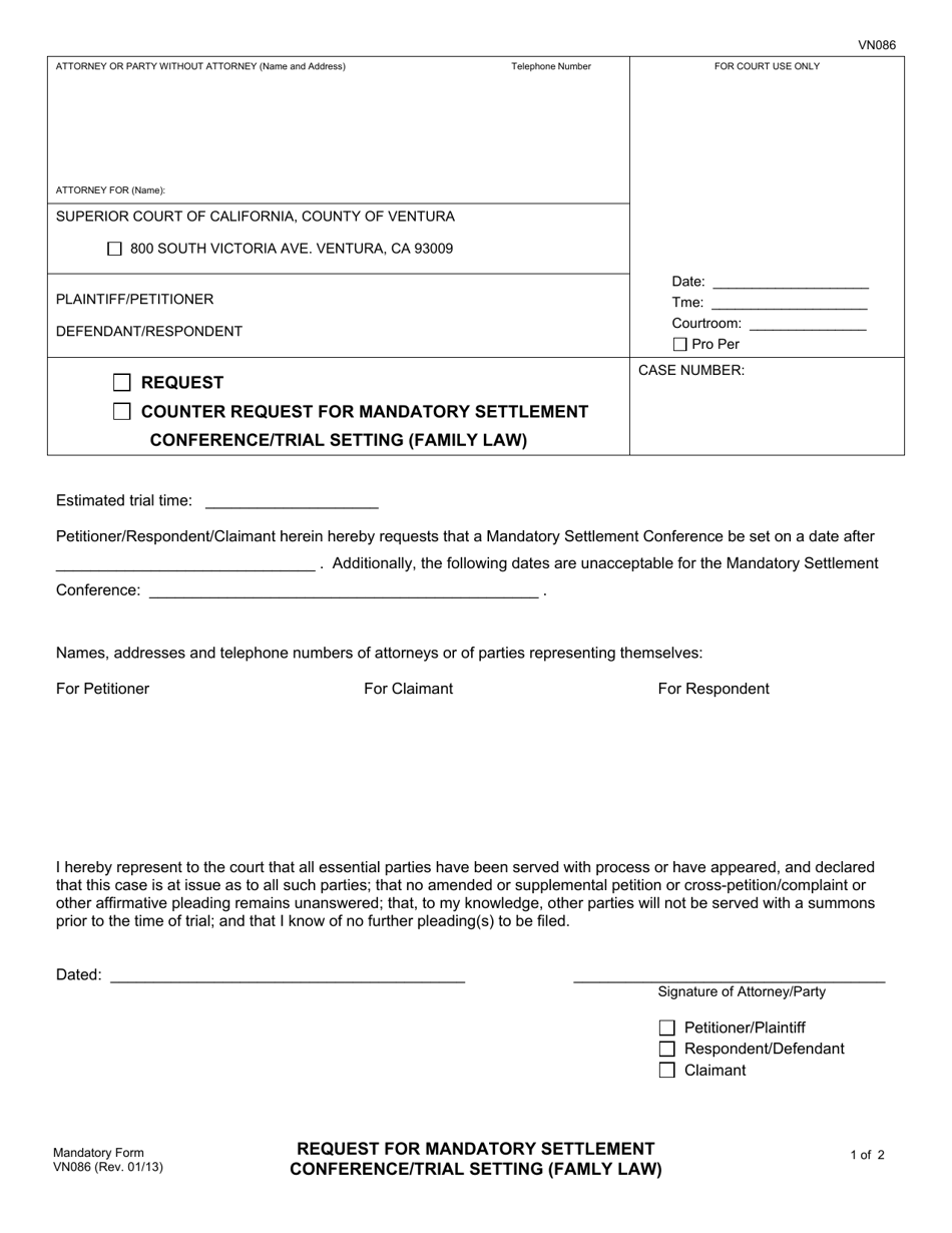 Form VN086 Request for Mandatory Settlement Conference / Trial Setting (Famly Law) - County of Ventura, California, Page 1