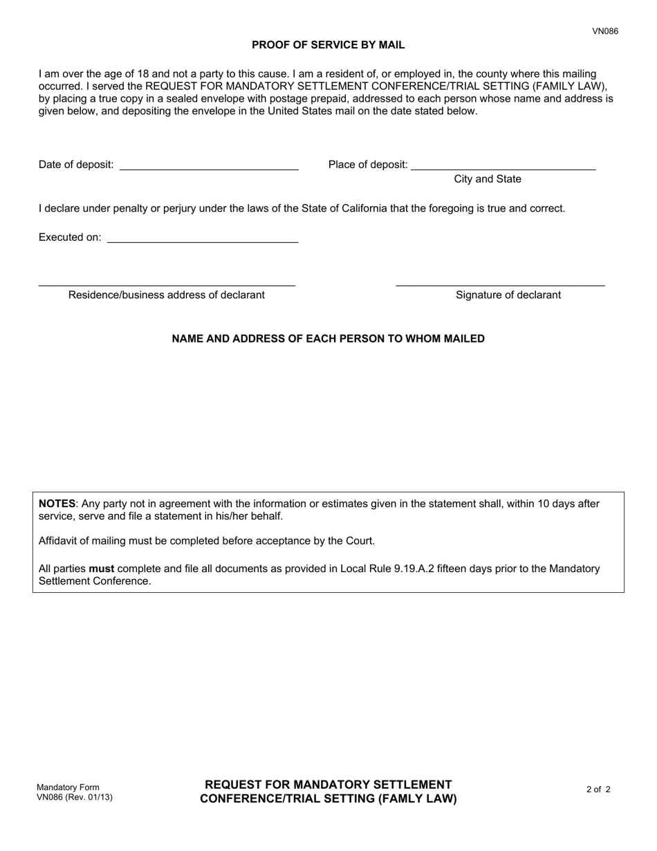 Form VN086 Request for Mandatory Settlement Conference / Trial Setting (Famly Law) - County of Ventura, California, Page 2