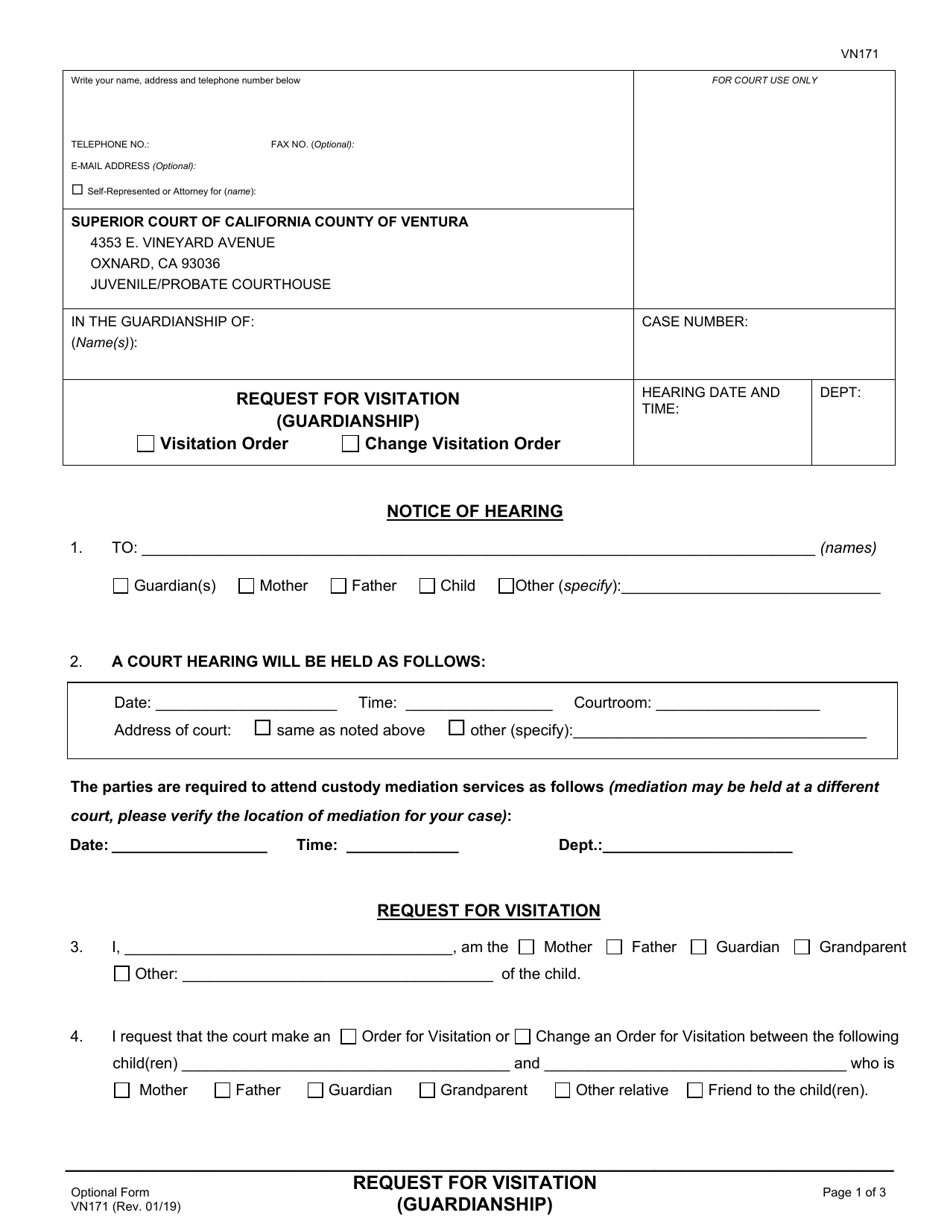 Form Vn171 Download Fillable Pdf Or Fill Online Request For Visitation Guardianship County Of 1373