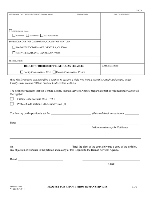 Form VN220 Request for Report From Human Services - County of Ventura, California