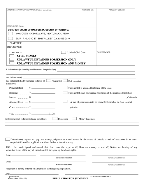 Form VN093 Stipulation for Judgment - County of Ventura, California