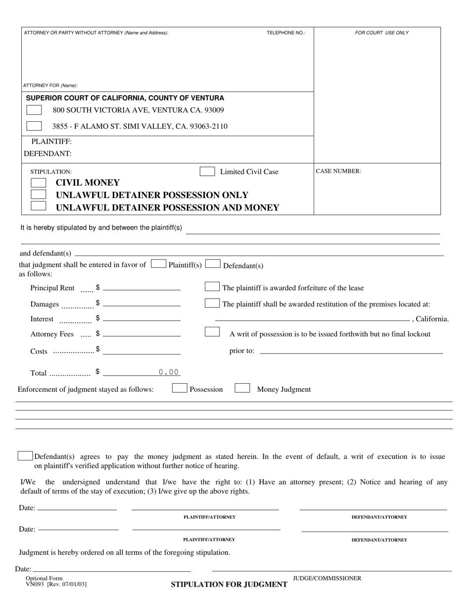 Form VN093 Stipulation for Judgment - County of Ventura, California, Page 1