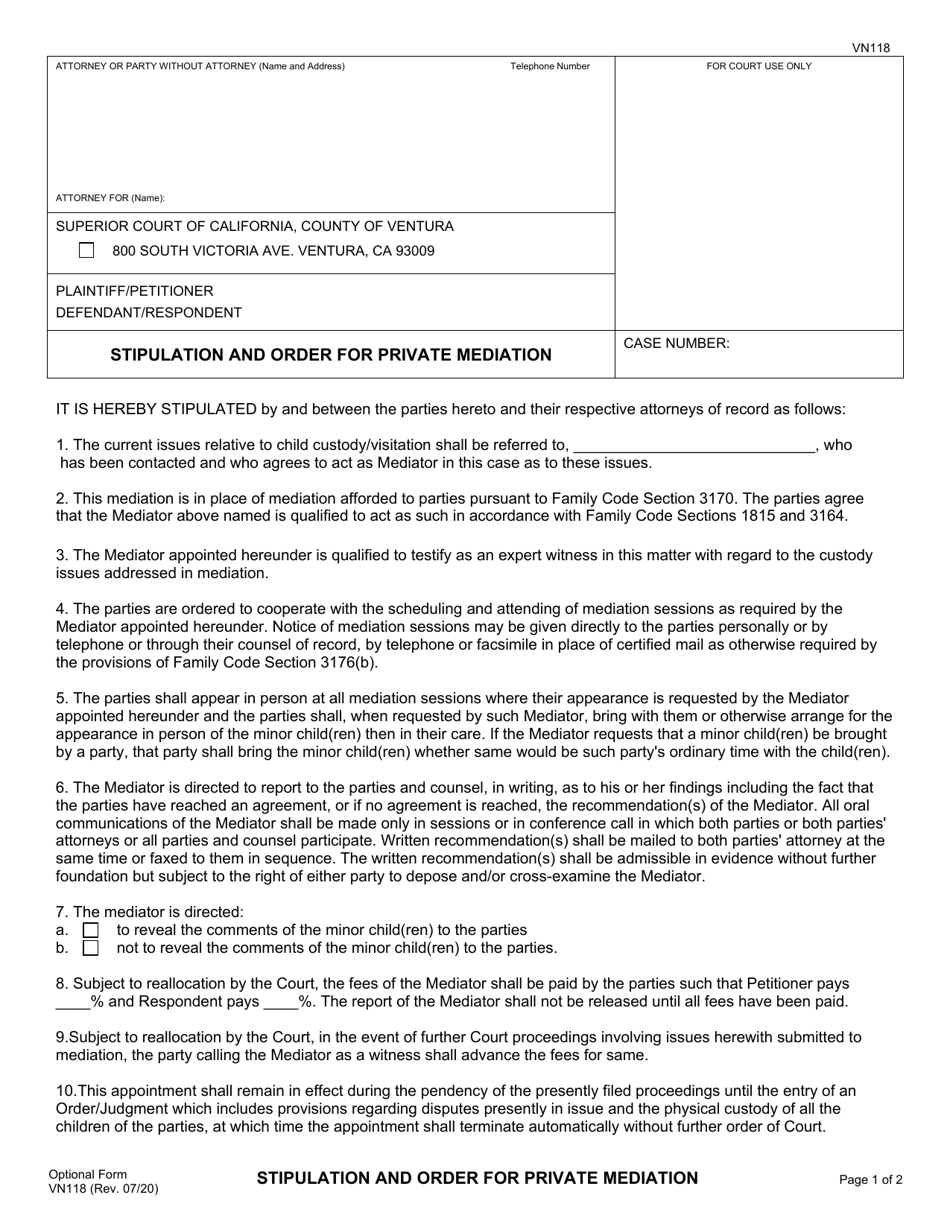 Form VN118 Stipulation and Order for Private Mediation - County of Ventura, California, Page 1