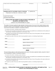 Document preview: Form VN259 Stipulation and Order to Bar Access to Record of Unlawful Detainer Action - County of Ventura, California