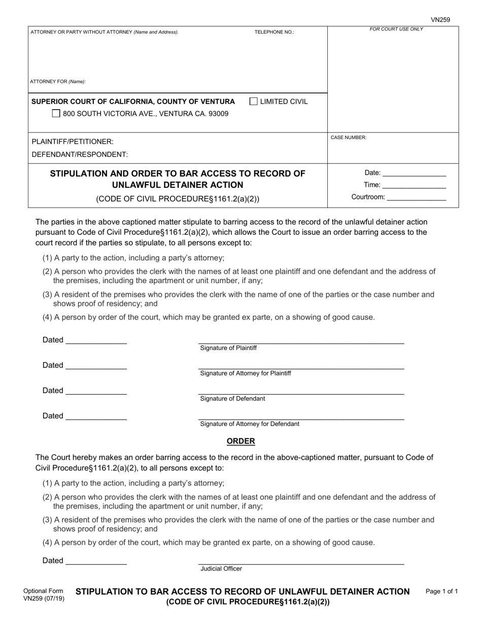 Form VN259 Stipulation and Order to Bar Access to Record of Unlawful Detainer Action - County of Ventura, California, Page 1