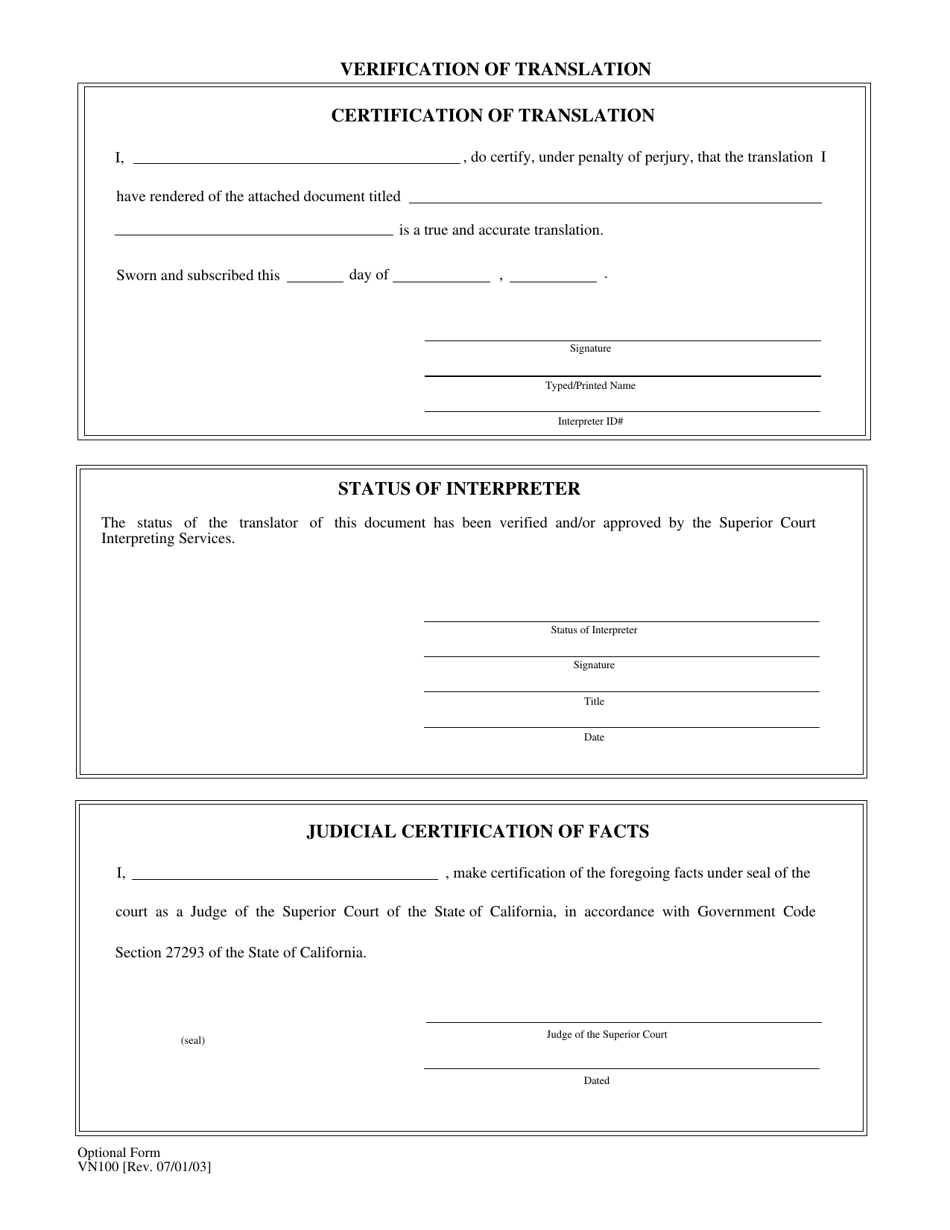 Form VN100 Verification of Translation - County of Ventura, California, Page 1