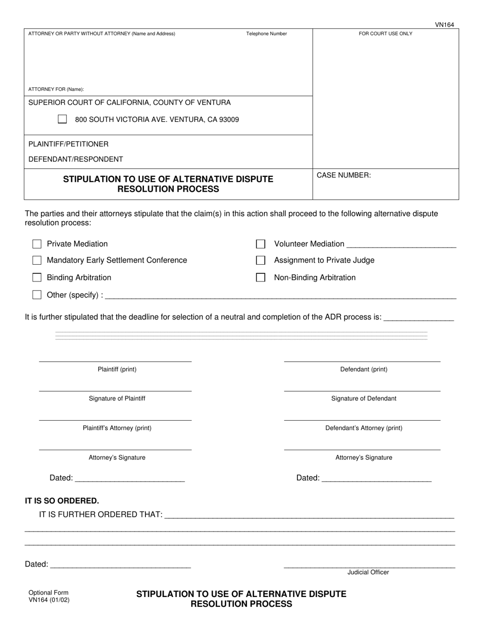 Form VN164 Stipulation to Use of Alternative Dispute Resolution Process - County of Ventura, California, Page 1