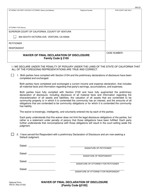 Form VN131 Waiver of Final Declaration of Disclosure - County of Ventura, California