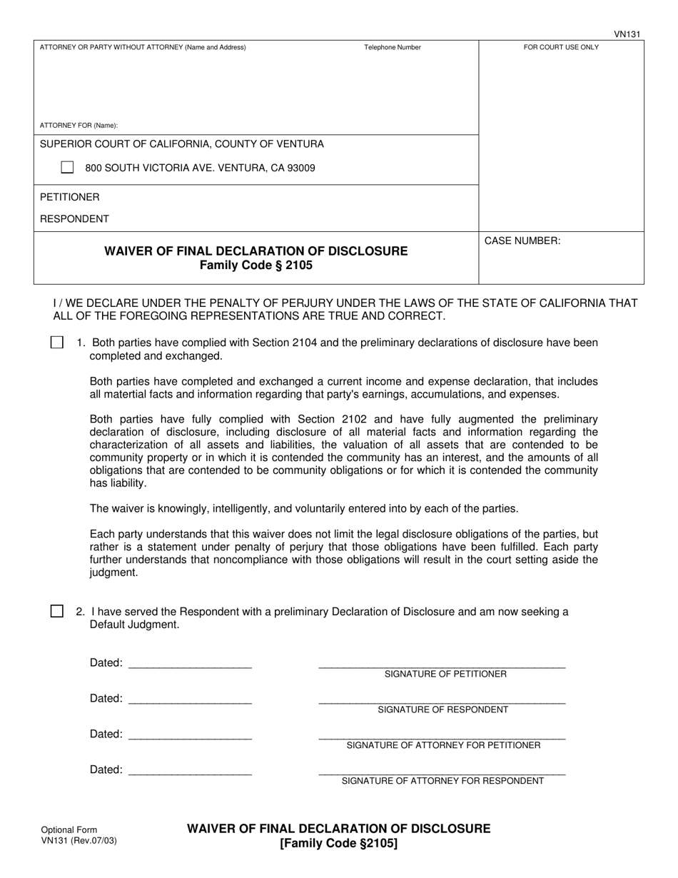 Form VN131 Waiver of Final Declaration of Disclosure - County of Ventura, California, Page 1