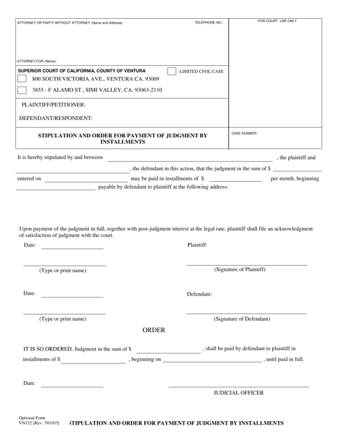 Form VN152 Stipulation and Order for Payment of Judgment in Installments (Limited Civil) - County of Ventura, California