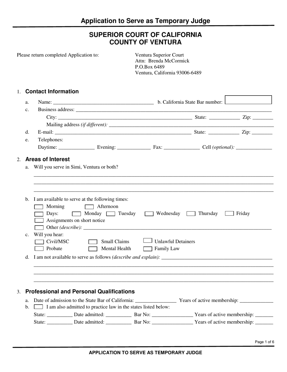 Application to Serve as Temporary Judge - County of Ventura, California, Page 1