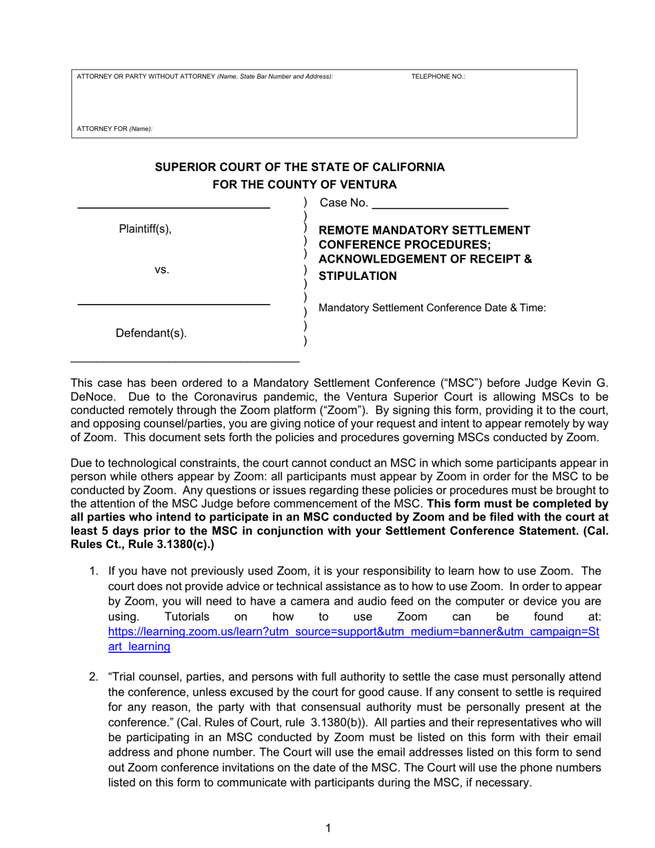 Remote Mandatory Settlement Conference Procedures; Acknowledgement of Receipt  Stipulation - County of Ventura, California, Page 1
