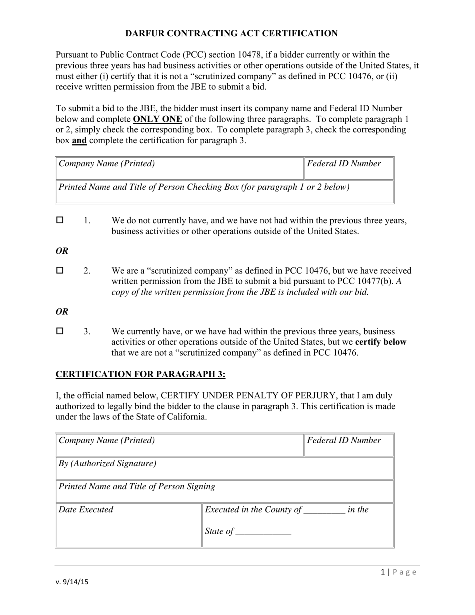 Darfur Contracting Act Certification - County of Ventura, California, Page 1