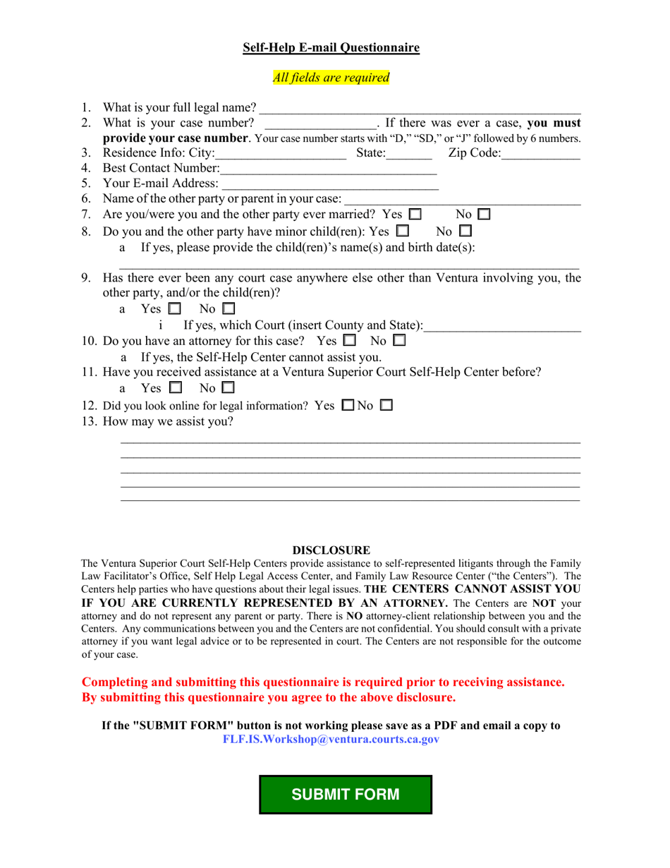 County of Ventura California Self help E Mail Questionnaire Fill Out