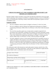 Document preview: Attachment 6 Unruh Civil Rights Act and California Fair Employment and Housing Act Certification - County of Ventura, California