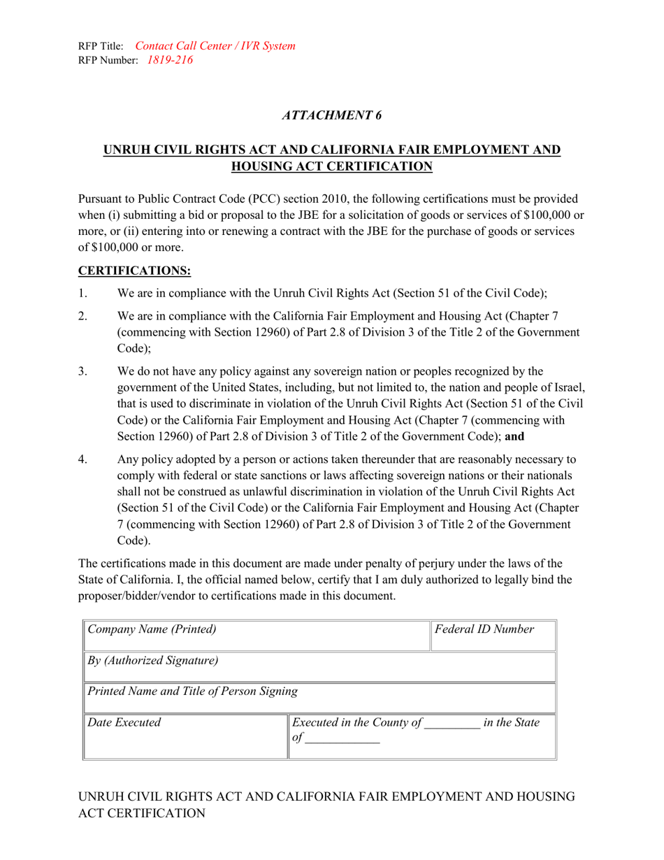 Attachment 6 Unruh Civil Rights Act and California Fair Employment and Housing Act Certification - County of Ventura, California, Page 1
