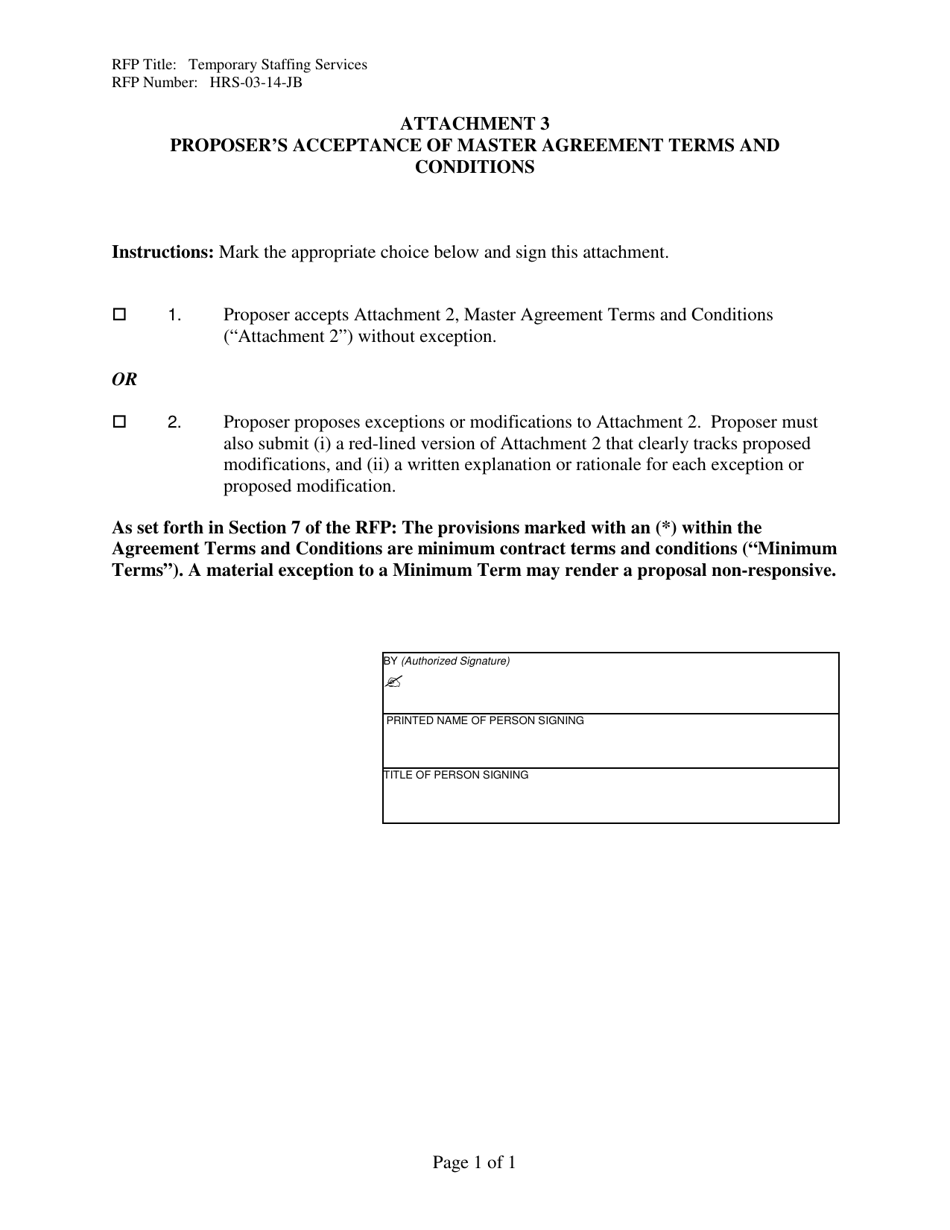 Attachment 3 Proposers Acceptance of Master Agreement Terms and Conditions - Temporary Staffing Services - County of Ventura, California, Page 1