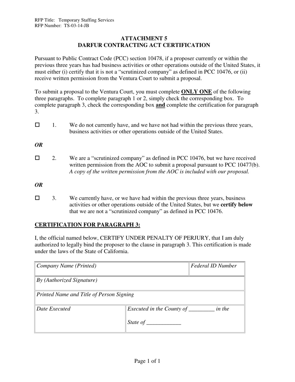 Attachment 5 Darfur Contracting Act Certification - Temporary Staffing Services - County of Ventura, California, Page 1