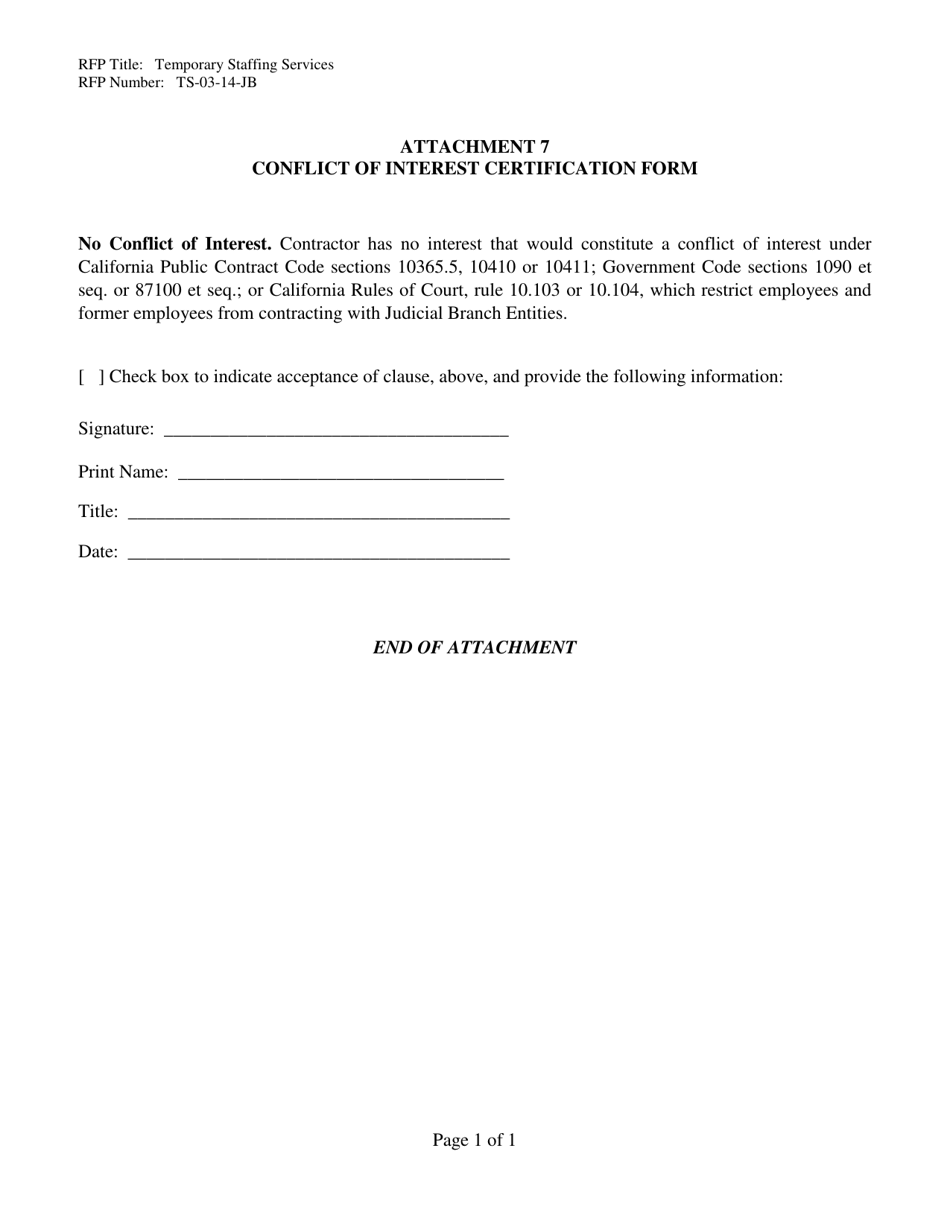 Attachment 7 Conflict of Interest Certification Form - County of Ventura, California, Page 1