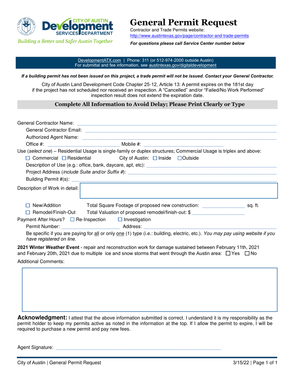 General Permit Request - City of Austin, Texas, Page 1