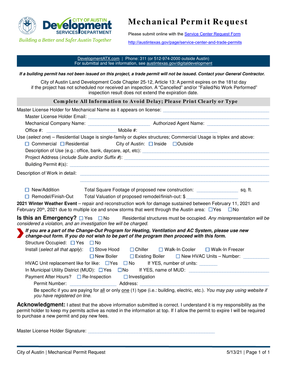 Mechanical Permit Request - City of Austin, Texas, Page 1