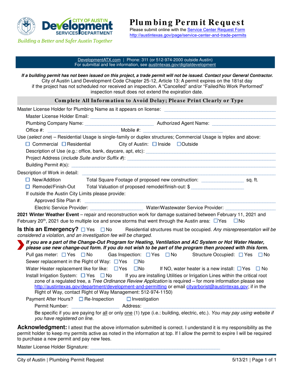 Plumbing Permit Request - City of Austin, Texas, Page 1