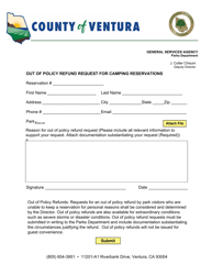 Document preview: Out of Policy Refund Request for Camping Reservations - County of Ventura, California