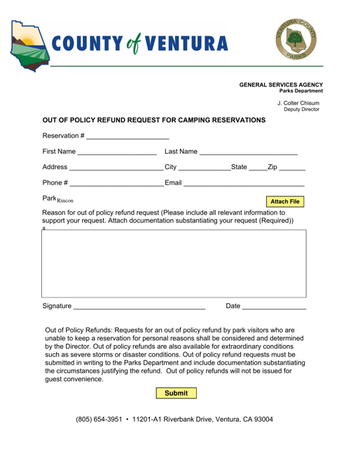 Out of Policy Refund Request for Camping Reservations - County of Ventura, California Download Pdf