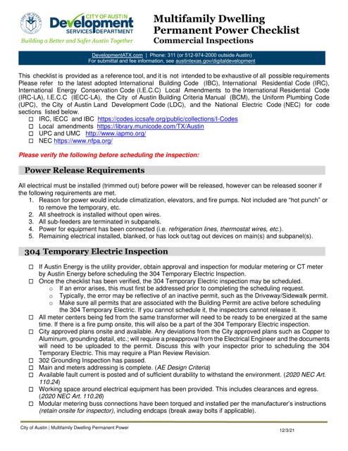 Multifamily Dwelling Permanent Power Checklist - Commercial Inspections - City of Austin, Texas Download Pdf