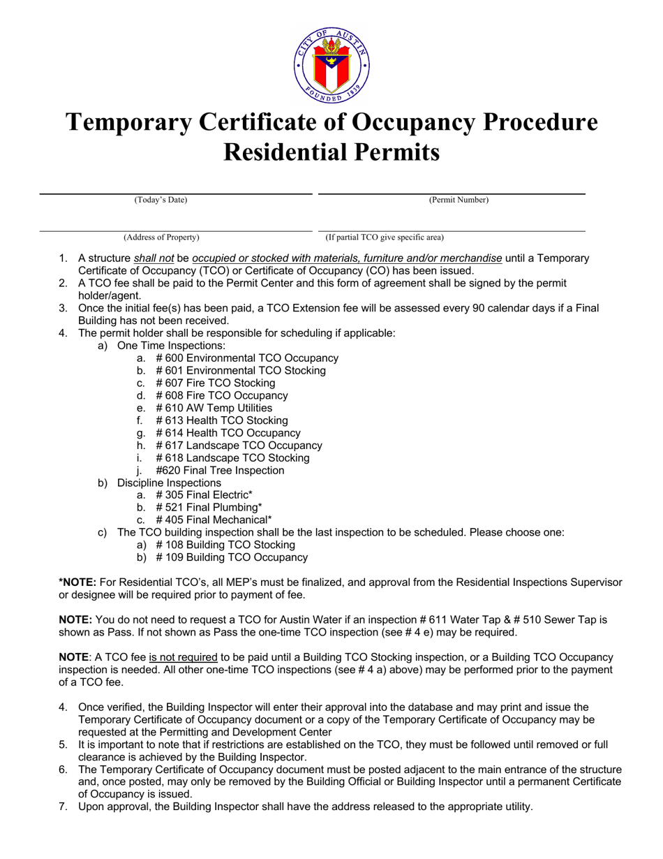 Residential Temporary Certificate of Occupancy Form - City of Austin, Texas, Page 1