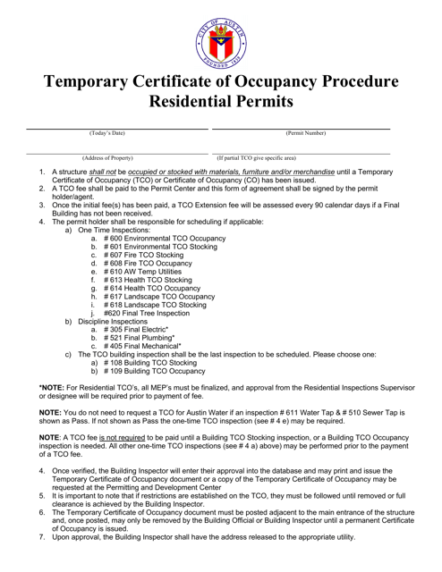 Residential Temporary Certificate of Occupancy Form - City of Austin, Texas Download Pdf